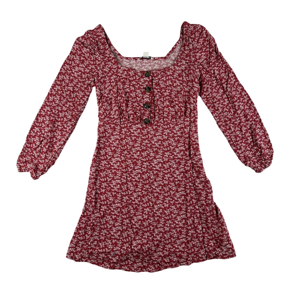 American Eagle Outfitters Dress Womens S Red Floral Puff Sleeve Fit Flare Mini